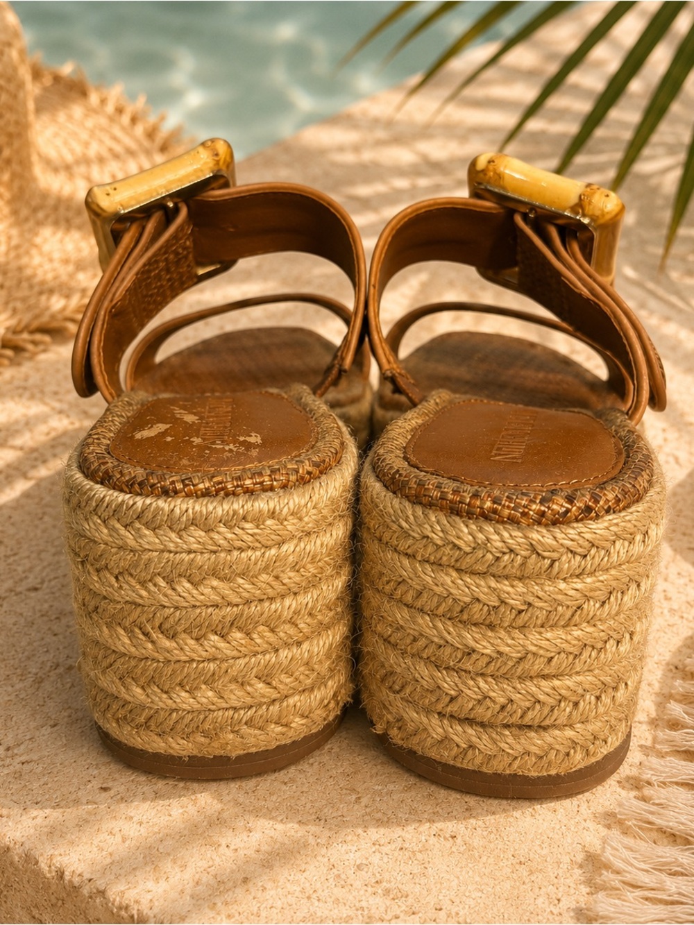J. McLaughlin Fleur Raffia Espadrille Platform Wedge Sandals Bamboo Buckle Sz 6 - Picture 3 of 8